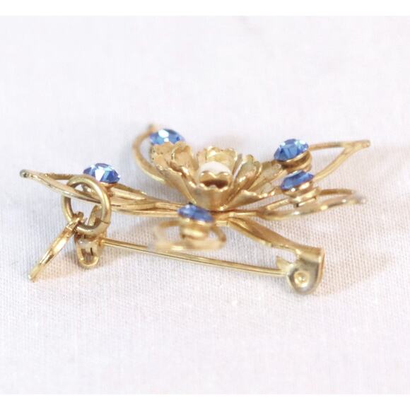 Starburst Flower Brooch Gold Tone Open Metal Blue and Pearly Stones - Picture 7 of 10